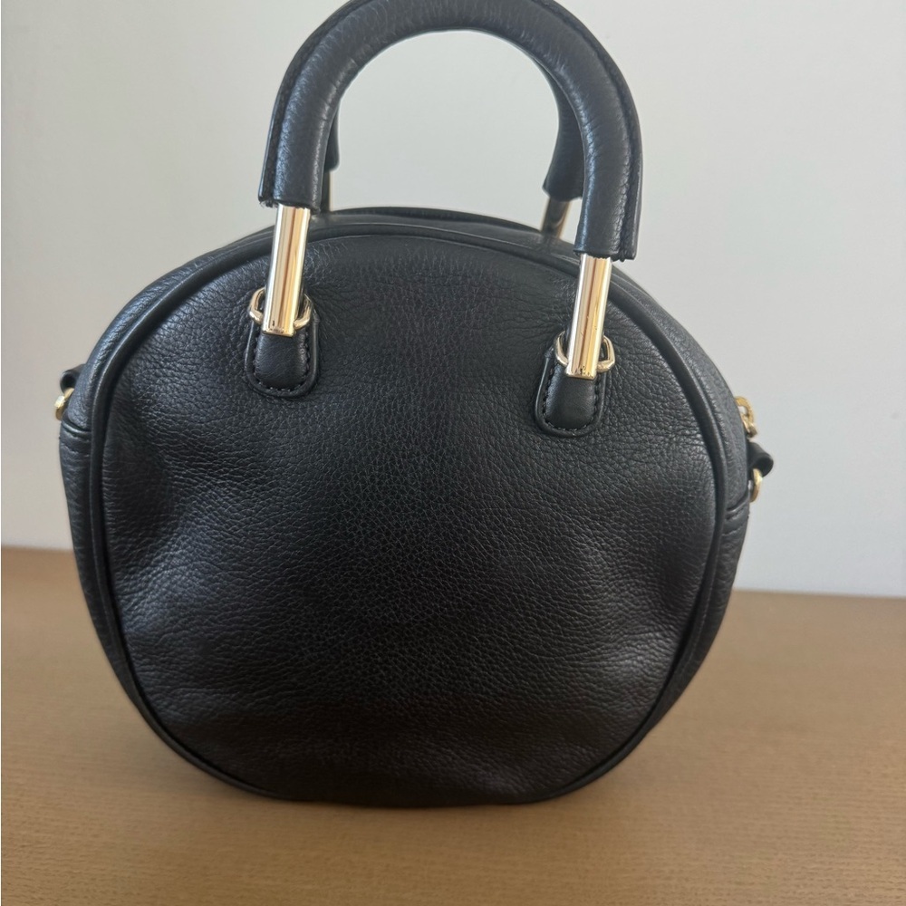 Talbots Leather Black Classic Round Mini Handle Bag with Gold Accents